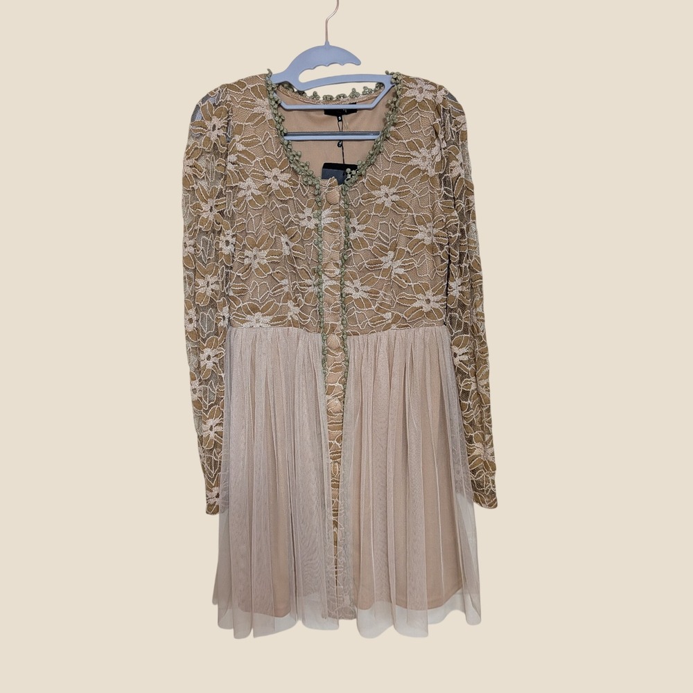 NWT Ryu Anthropologie Floral Lace Tulle Mini Dress Long Sleeve Tan Small